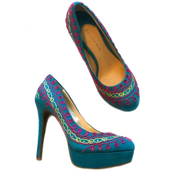 Gianni Bini Shoes - Gianni Bini Blue Suede Embroidered Stiletto Pumps